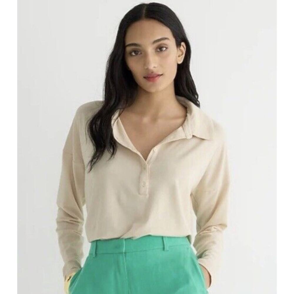 J.crew‎ Relaxed long-sleeve stretch linen-blend polo shirt beige size XL #BP050